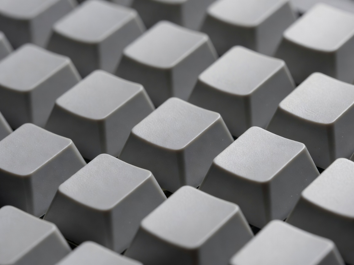 Macro photograph of neutral grey mechanical computer keys in soft lighting