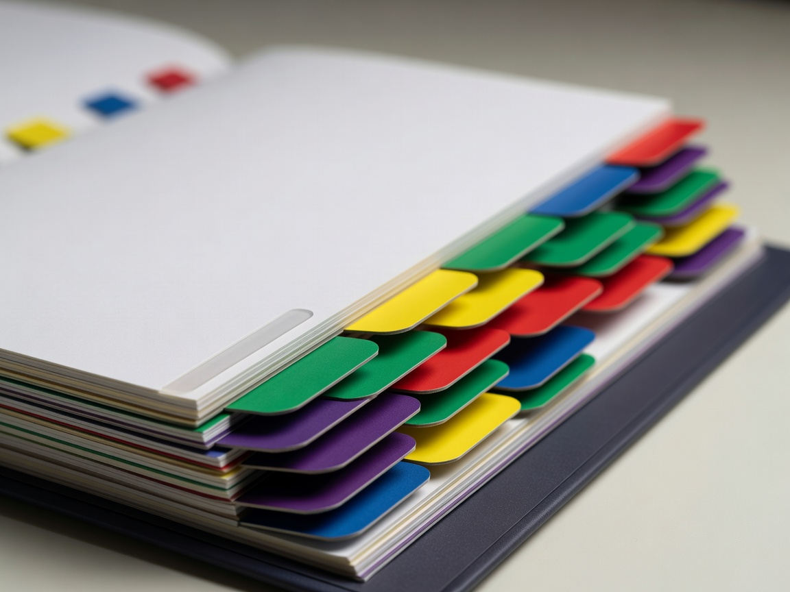 Close-up of colour-coded tab dividers in an office reference binder