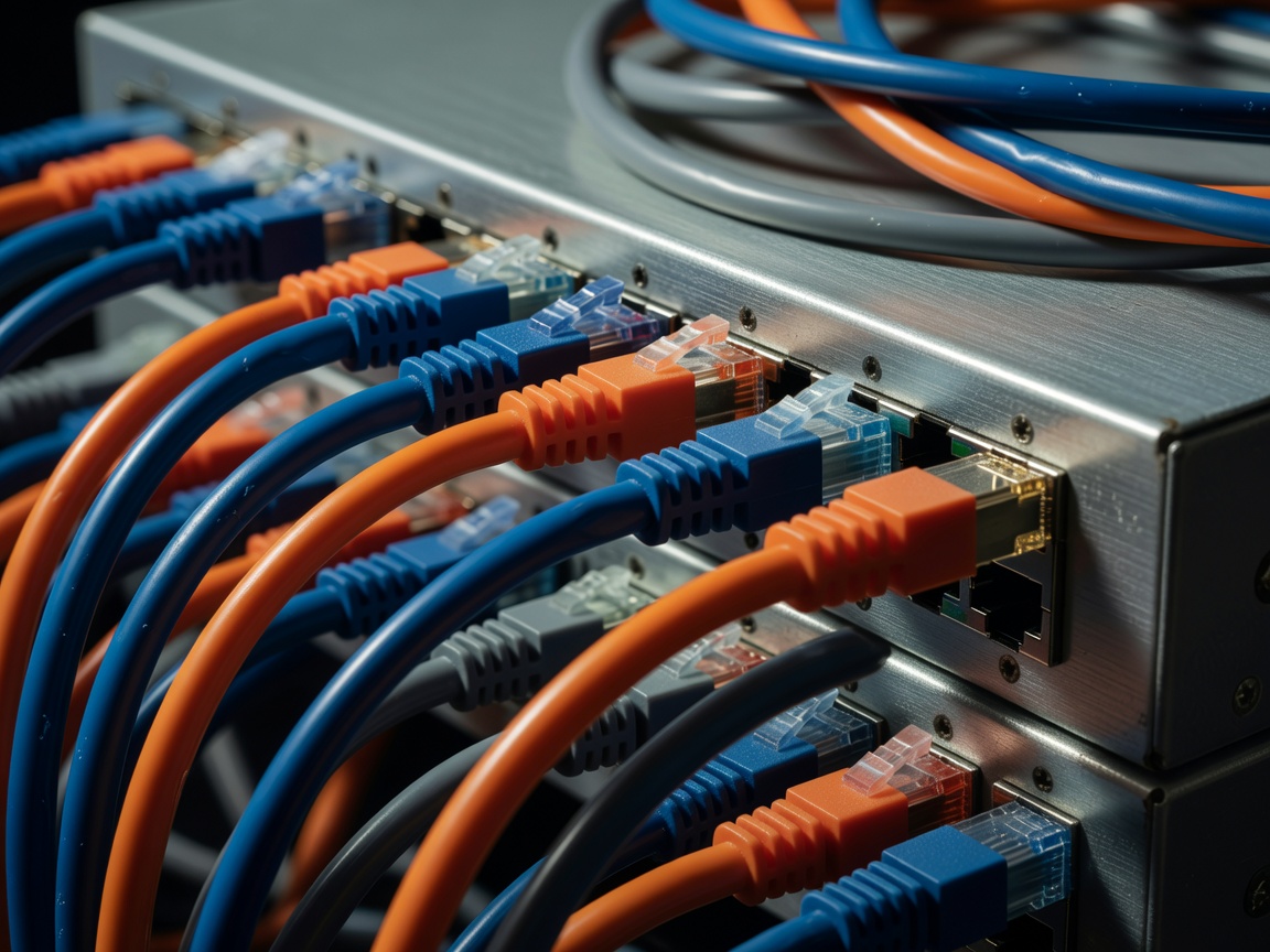 Macro photograph of ethernet cables connected to a metal network switch